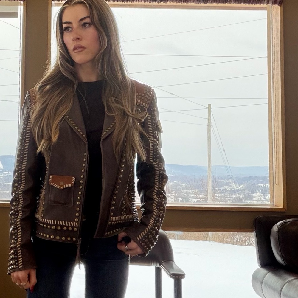 Double D Ranch Studded Leather Jacket in Gray and Tan - Picture 6 of 7